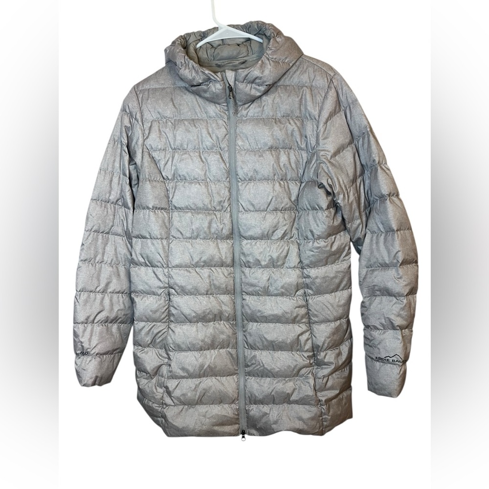 Eddie Bauer women’s Size Large Sand Colored Puffer Jacket with Hood